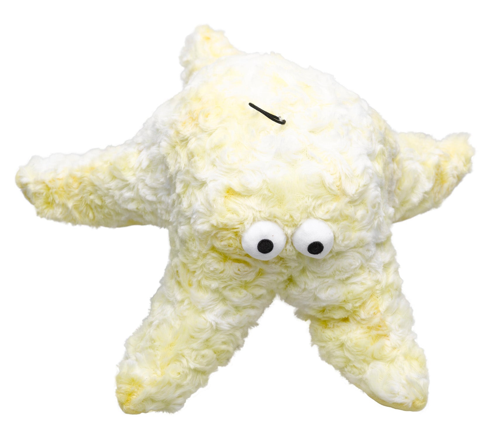 Yellow plush dog toy with googly eyes on a white background