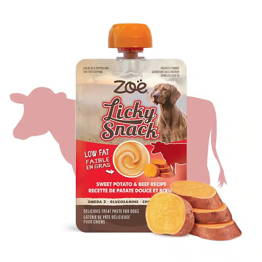 Zoe Licky Snack dog treat package with sweet potato slices on a white background
