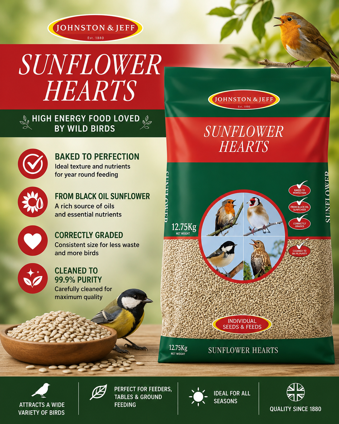 Johnston & Jeff Sunflower Hearts | No-Mess Wild Bird Food (6.4kg & 12.75kg)