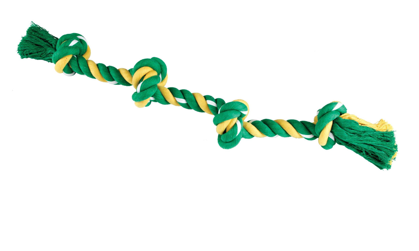 Green and yellow braided rope toy on a white background