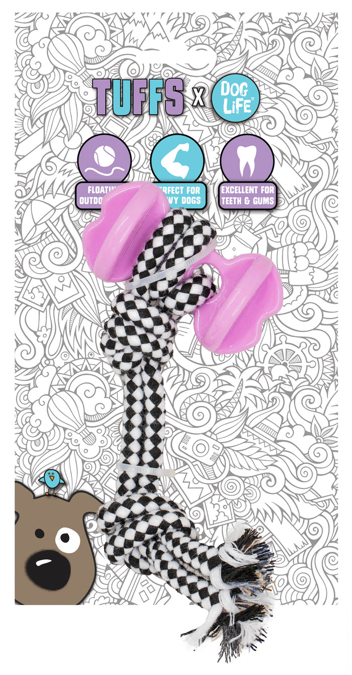 Dog toy with pink bone and checkered pattern on a decorative background