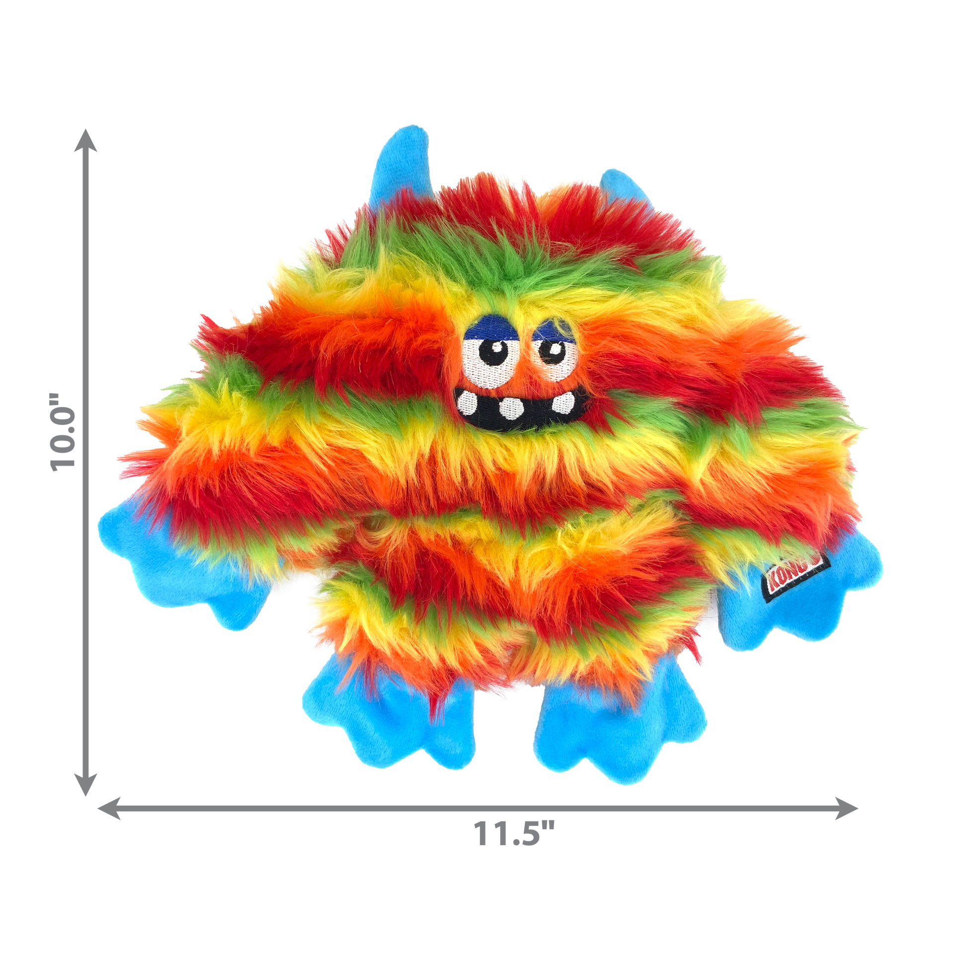 Colorful plush dog toy with blue feet and legs, dimensions indicated on a white background