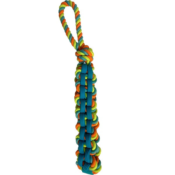Colorful braided rope toy on a white background