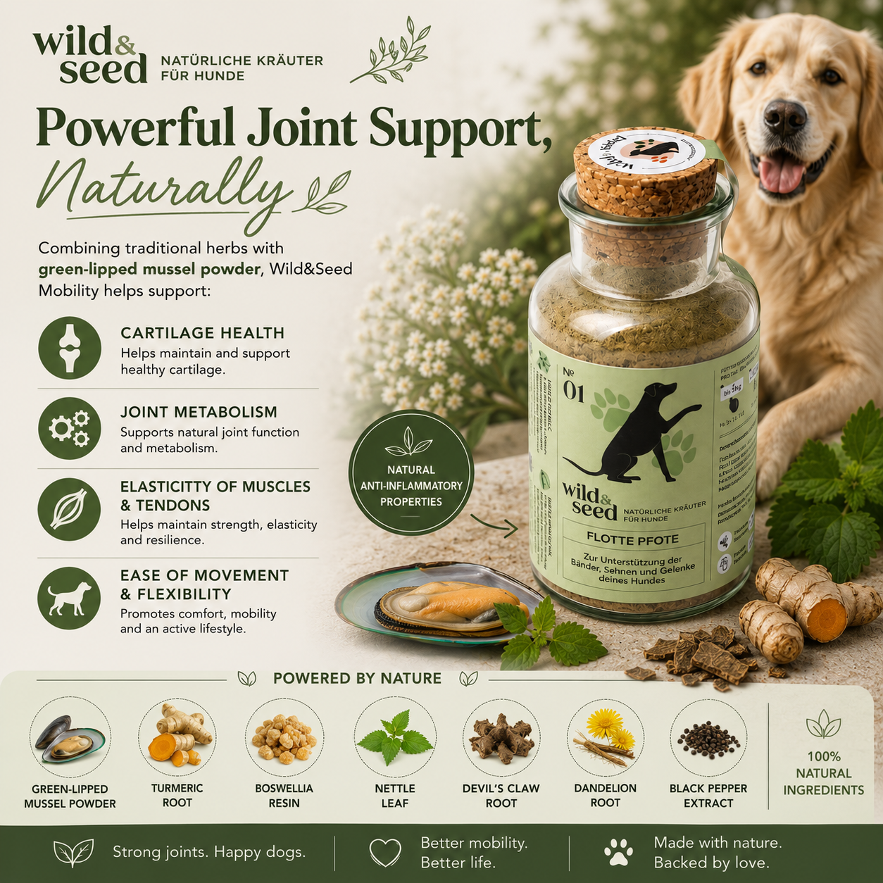Wild&Seed Herbs No. 1 Flotte Pfote | Natural Dog Joint Support for Tendons, Ligaments & Long-Term Mobility
