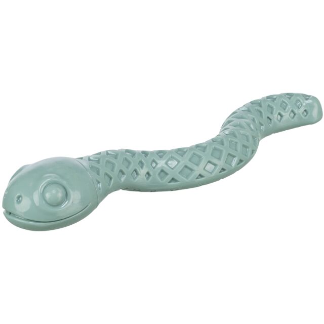 Teal snake-shaped dog toy on a white background