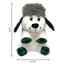 Plush dog toy with gray fur hat, black ears, white body, and green plaid paws with measurements on a transparent background