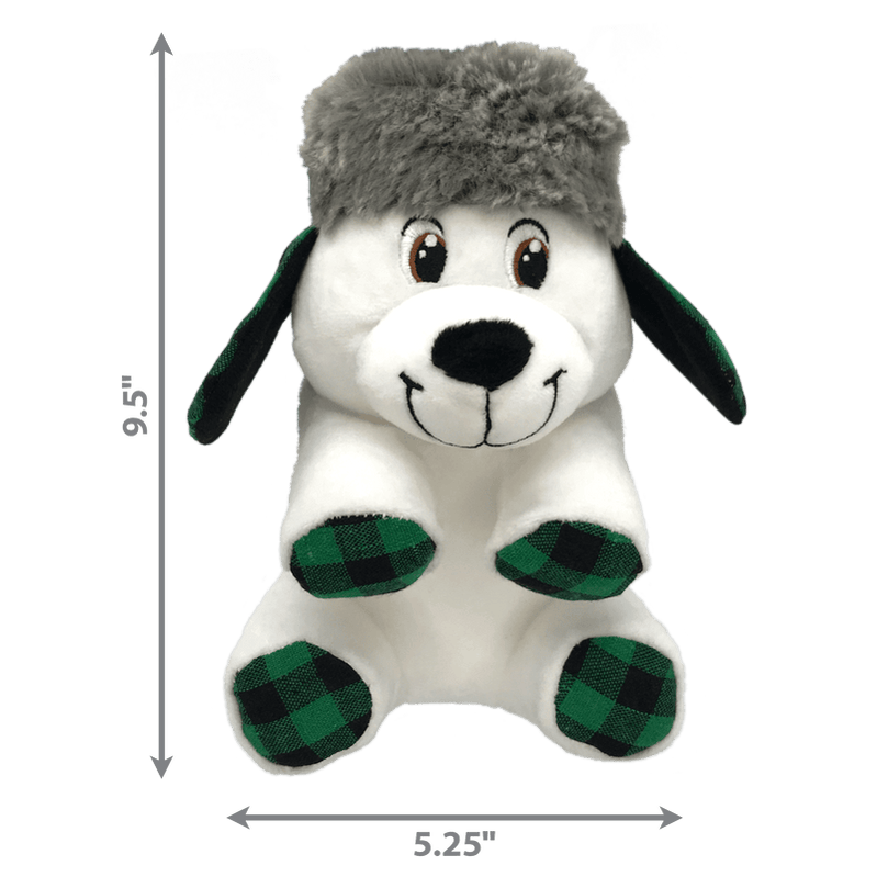 Plush dog toy with gray fur hat, black ears, white body, and green plaid paws with measurements on a transparent background