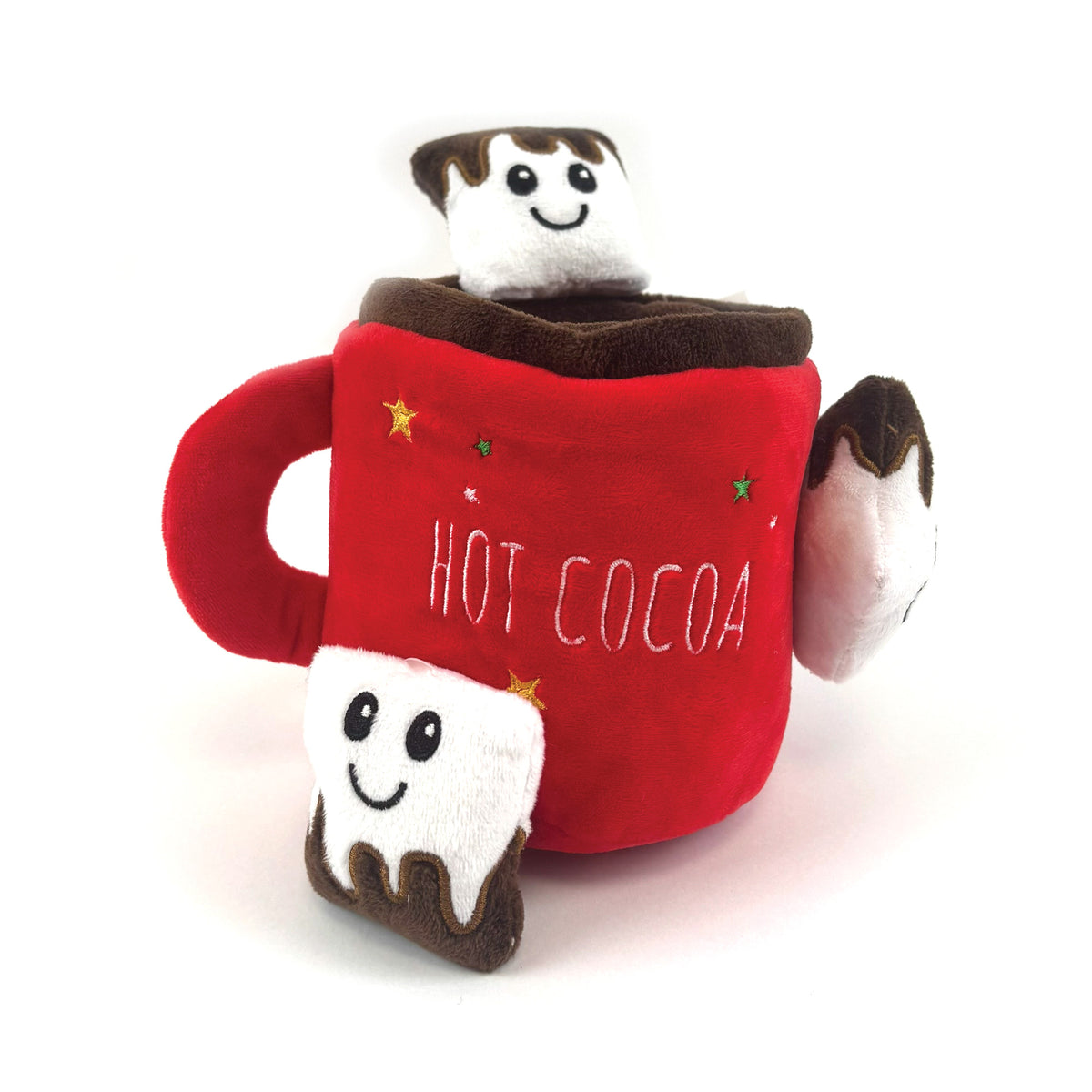 Red 'Hot Cocoa' mug plush toy with marshmallow characters on a white background