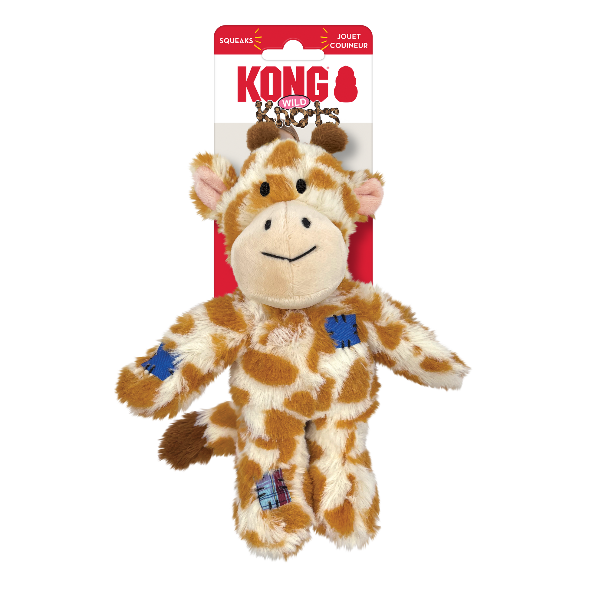 Kong plush giraffe dog toy with packaging on a white background