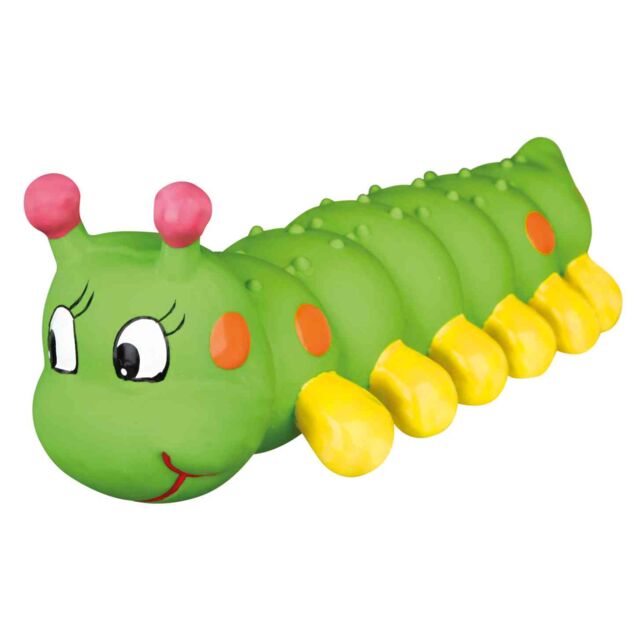 Toy caterpillar dog toy with a cartoon face on a white background