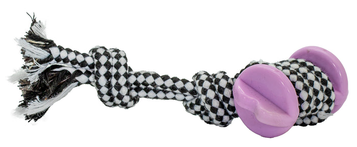 Dog toy with checkered pattern and purple ball on a white background
