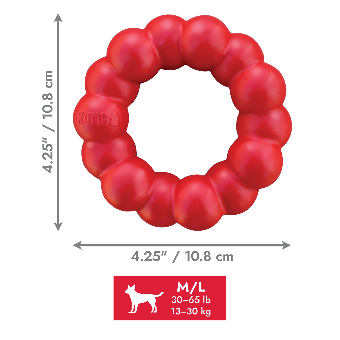 Red KONG dog toy with dimensions and size chart on a white background