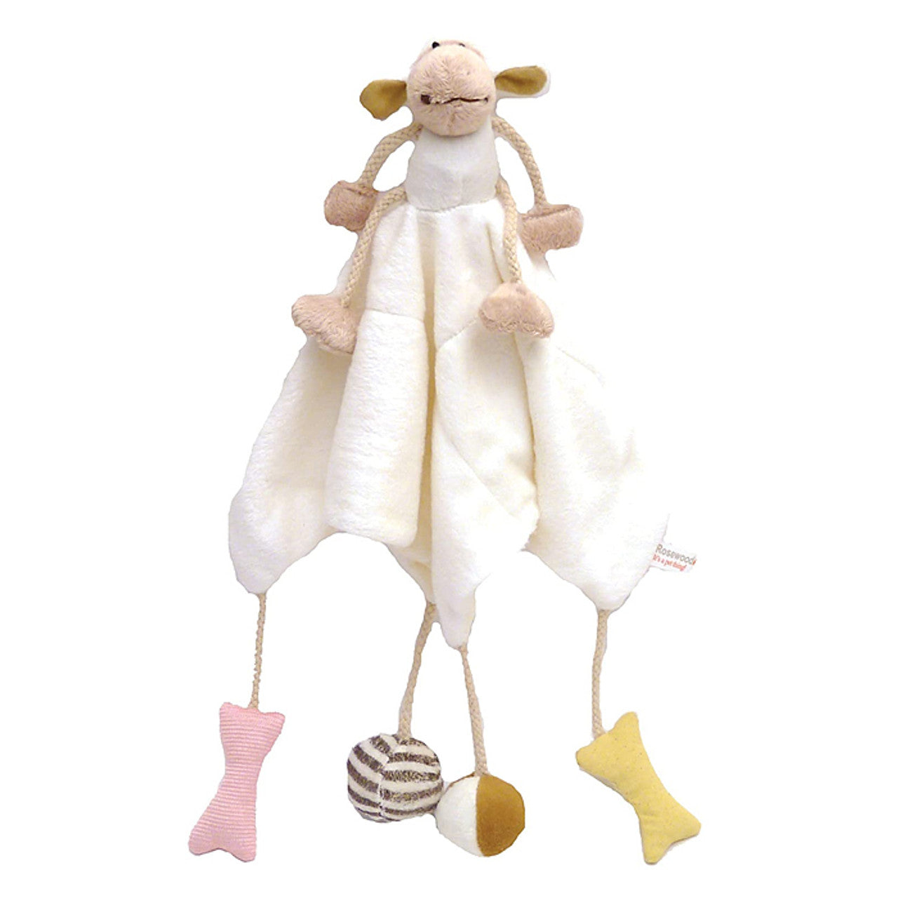 Puppy comfort blanket with plush dog  toy and rattle on a white background