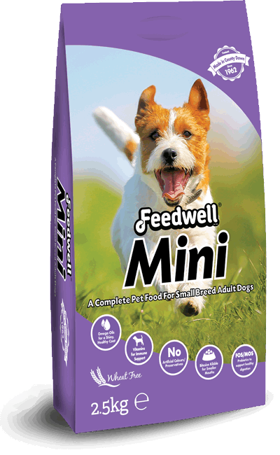 Feedwell Mini dog food package with a purple background and a dog on it.
