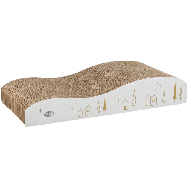 Cat scratcher with white base and brown wavy texture on a white background