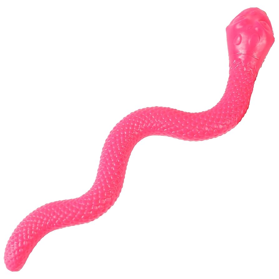 Pink rubber snake dog toy on a white background