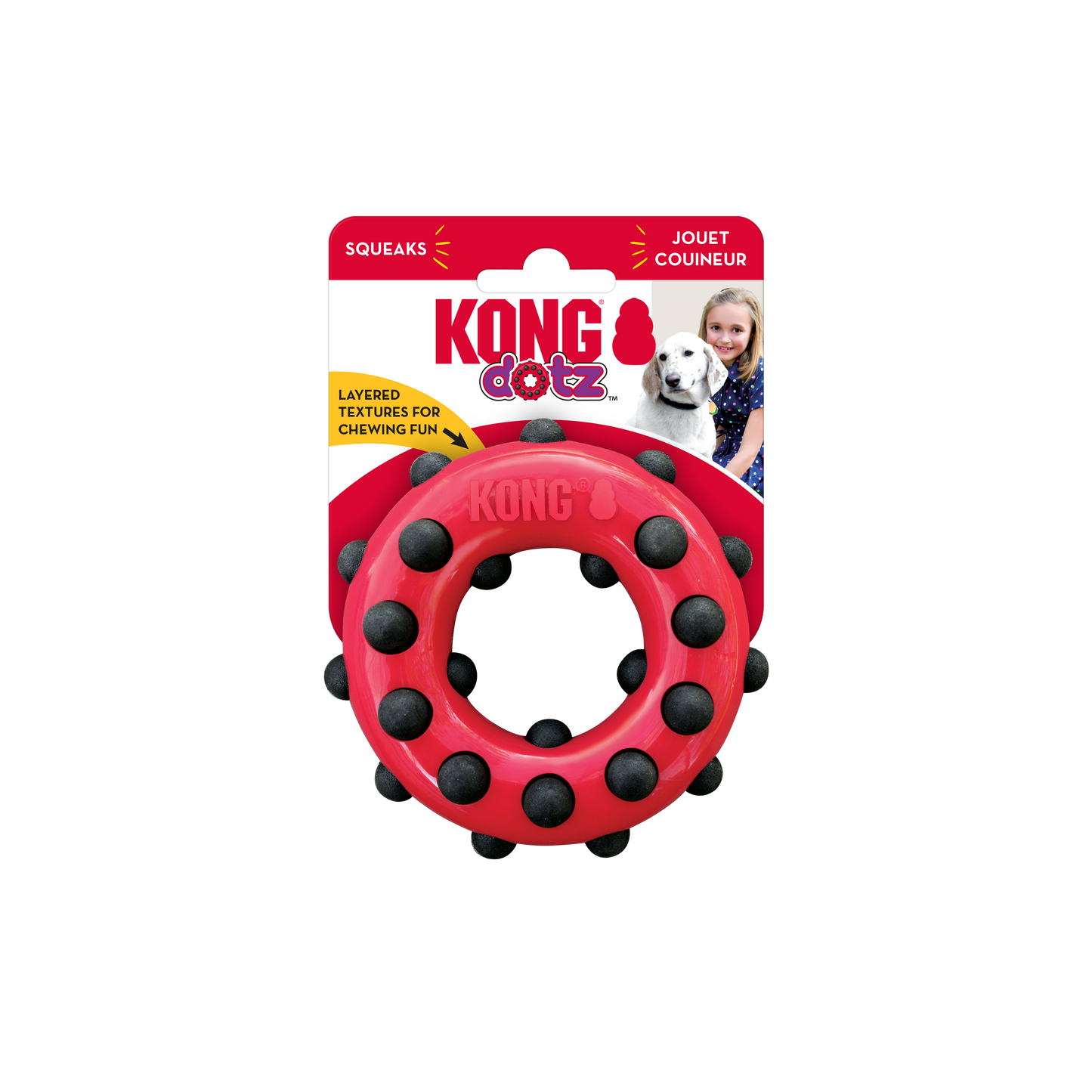 Red and black dog toy with KONG branding on a white background