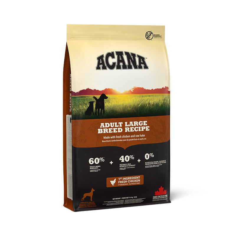 Acana dog food package for adult large breed recipe on a white background