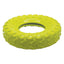 Yellow dog toy tire with textured surface on a white background