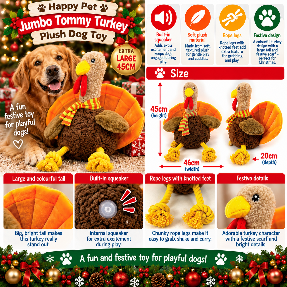 Jumbo Tommy Turkey 🦃 Plush Christmas Dog Toy by Happy Pet