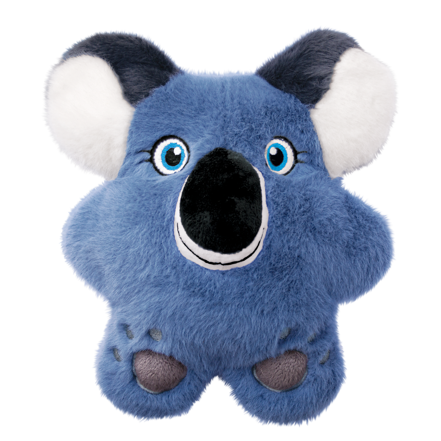 Blue plush dog toy with white accents on a white background