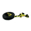 Dog toy with black tire and yellow rope on a white background