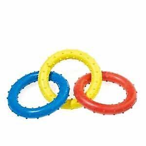 Three colorful rubber rings dog toys on a white background