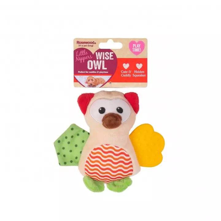 Plush owl dog toy with packaging on a white background