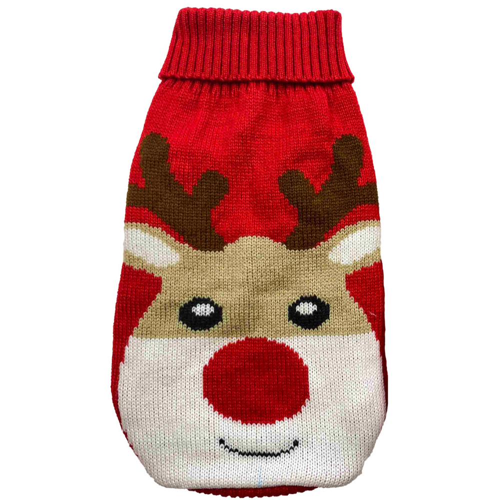 Red knitted dog sweater with reindeer design on a white background