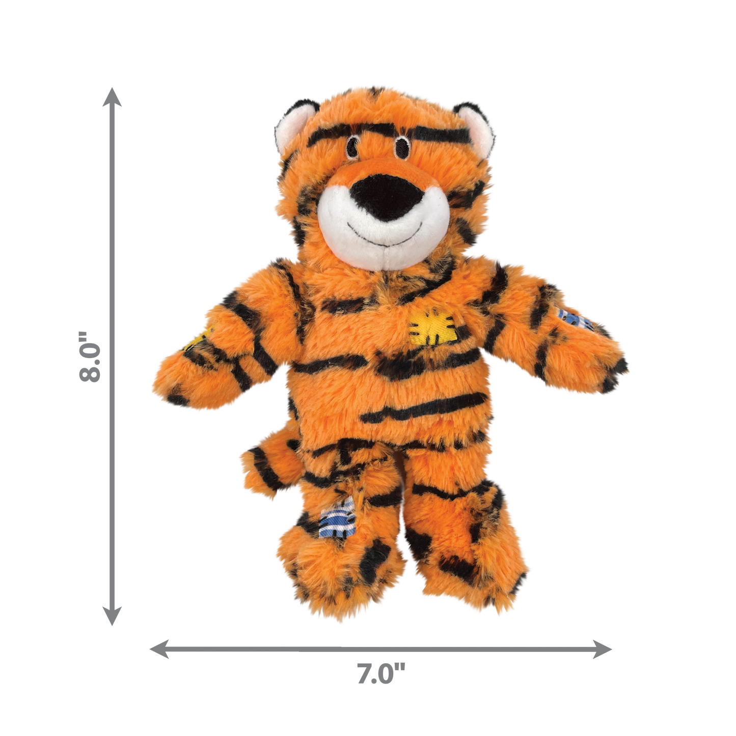 Plush tiger dog toy with dimensions indicated on a white background