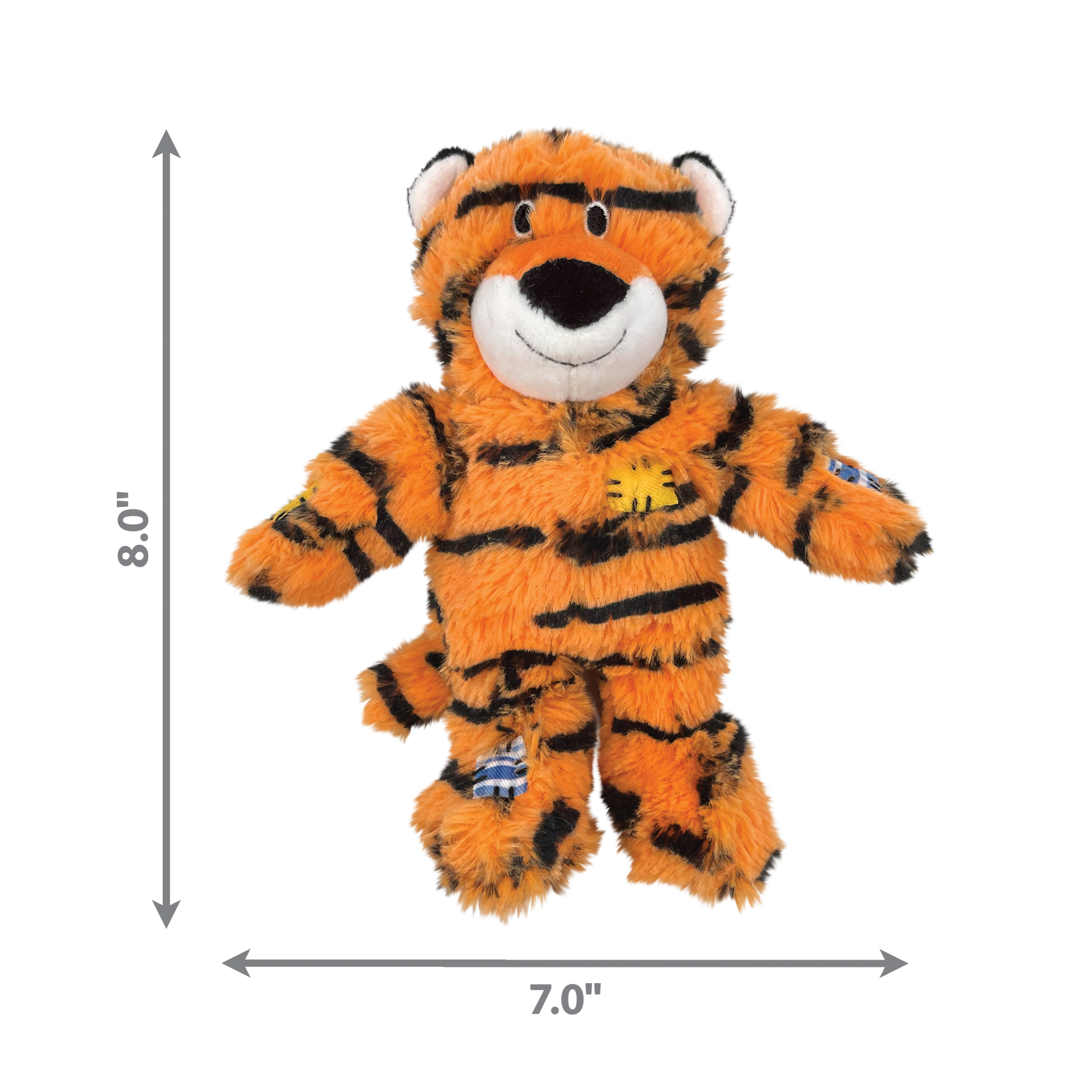 Plush tiger dog toy with dimensions indicated on a white background