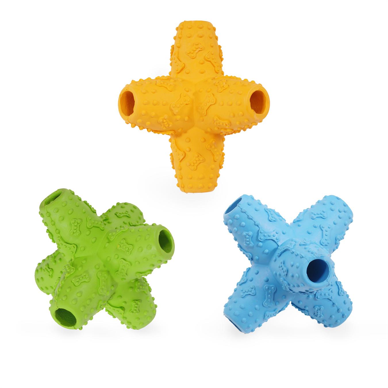 Three star-shaped dog toys in orange, green, and blue on a white background