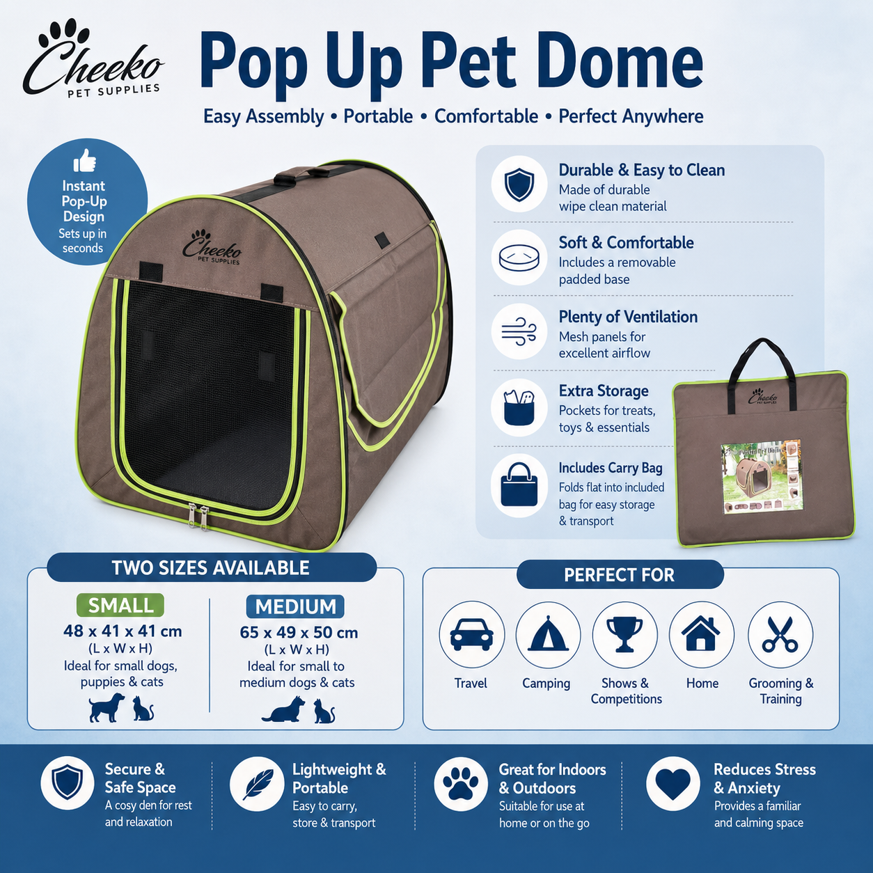 Cheeko Pop Up Pet Dome | Foldable Dog & Cat Fabric Travel Crate