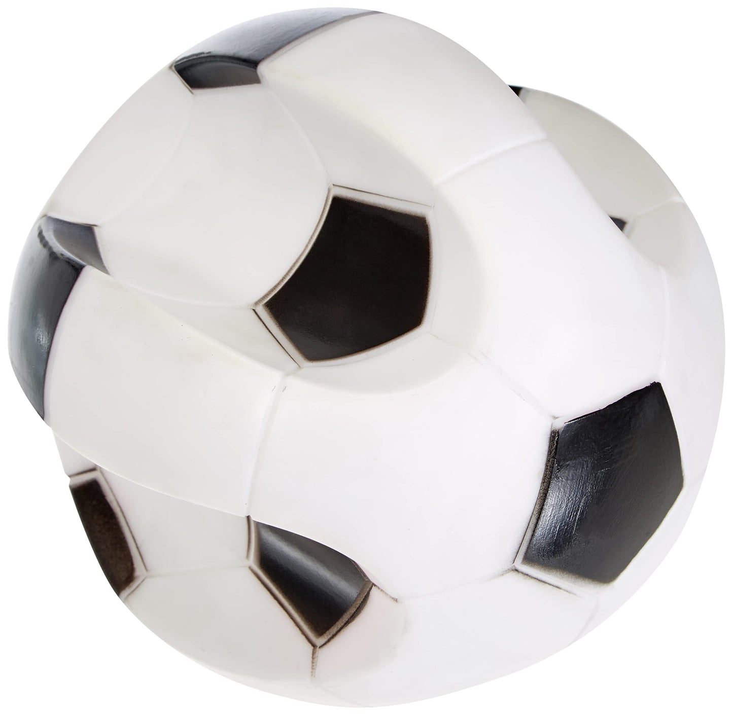 Close-up of a soccer ball with black and white pattern on a white background