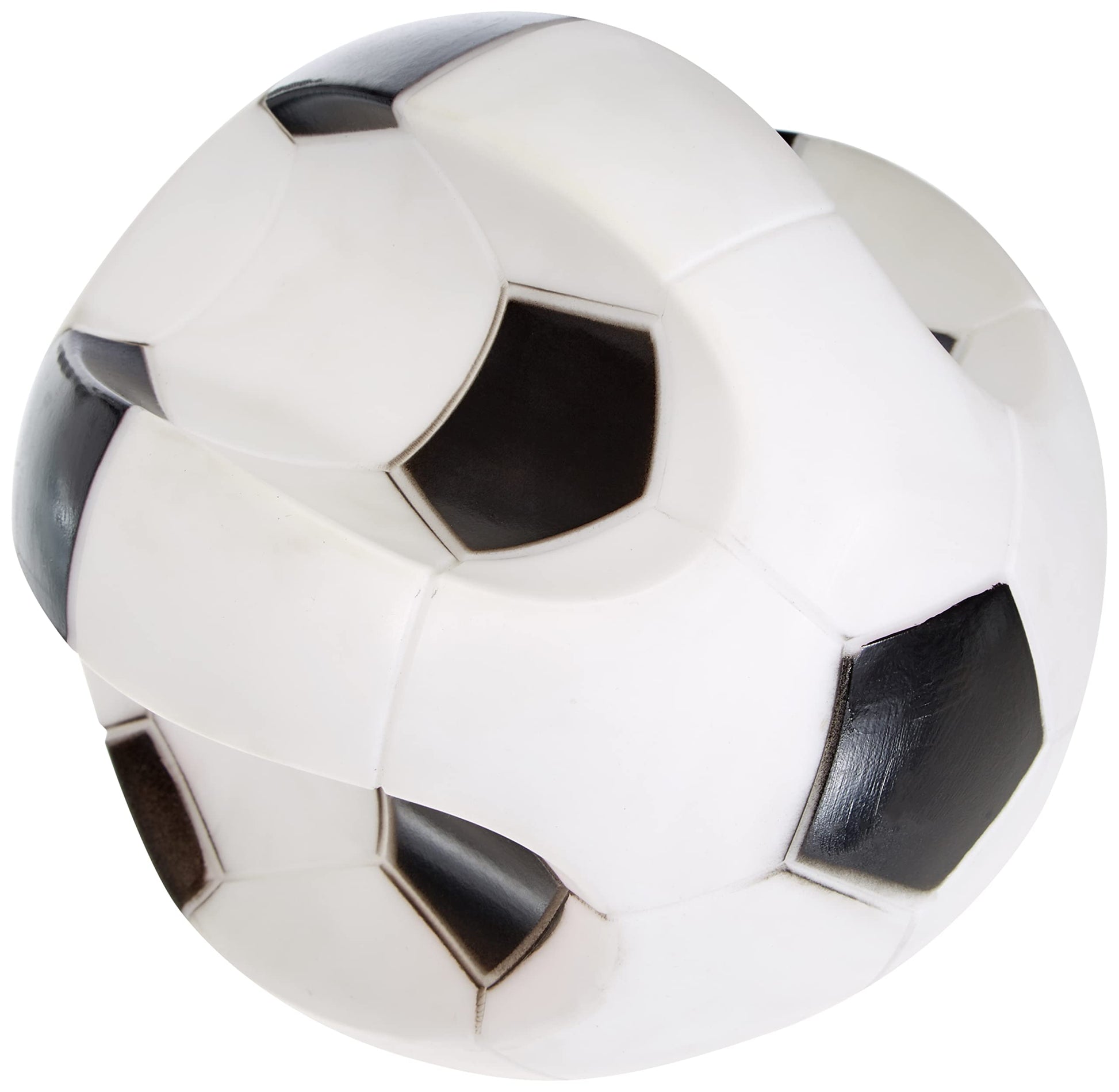 Close-up of a soccer ball with black and white pattern on a white background