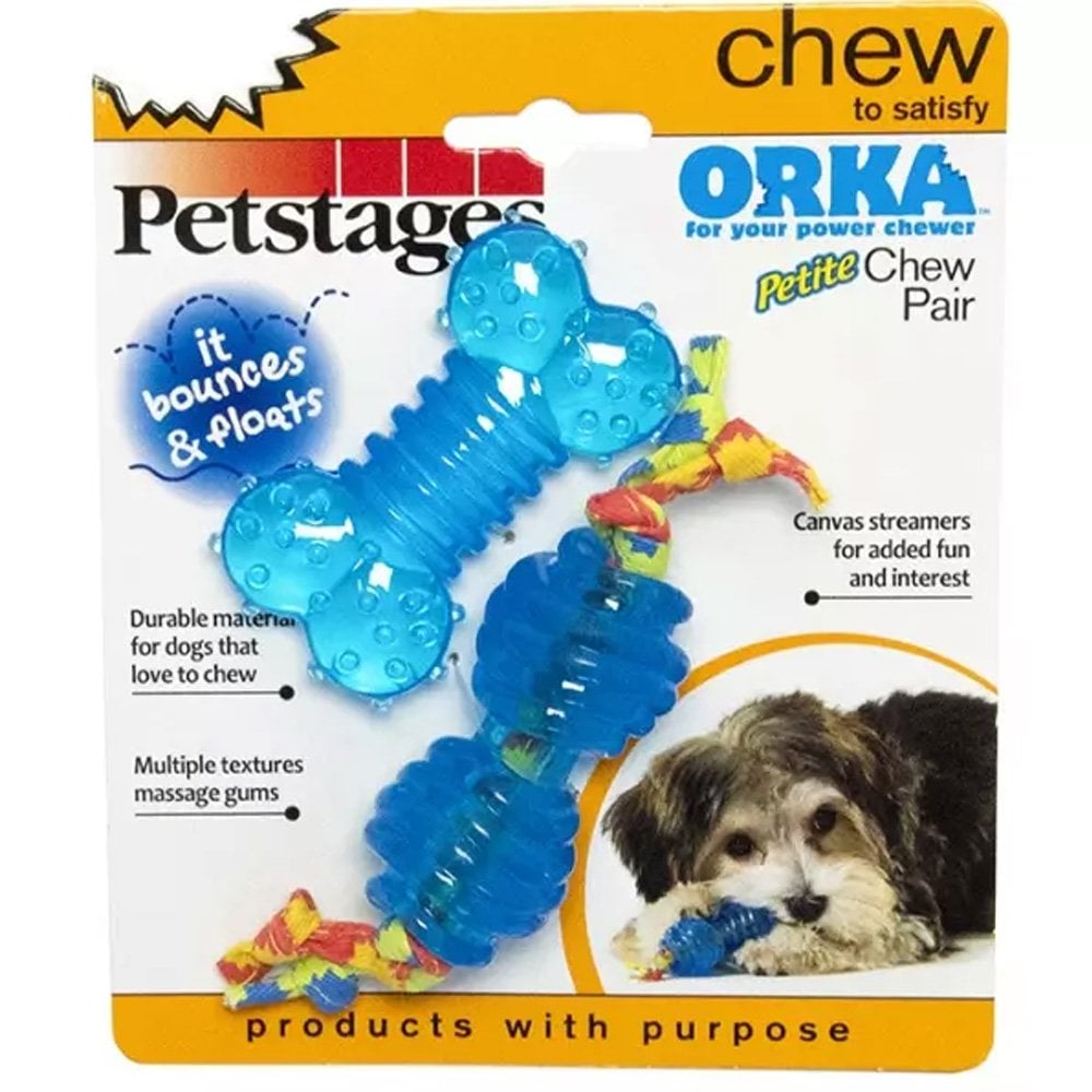 Petstages Orka Petite Chew Pair dog toy packaging with blue chew toys and a dog on a white background.