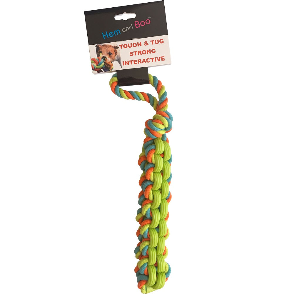Colorful braided dog toy with 'Hem and Boo' packaging on a white background