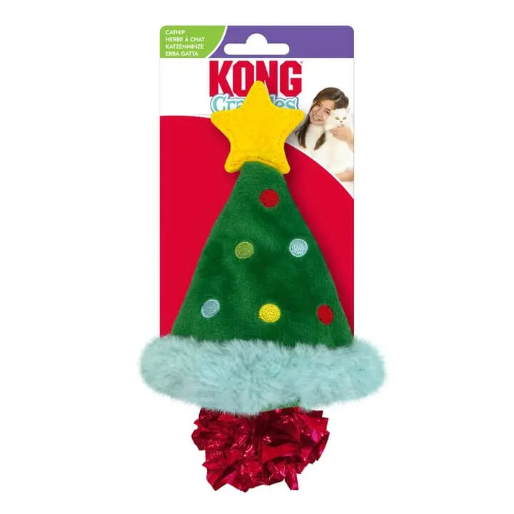 Kong Christmas tree-shaped cat toy with a star on a red and purple package.