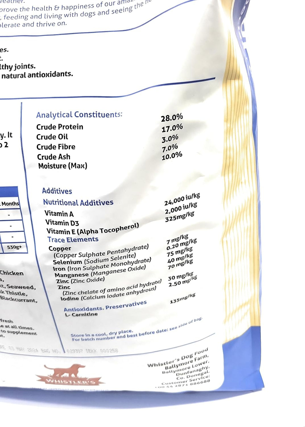 Dog food packaging with nutritional information on a white background