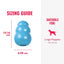 Blue KONG dog toy with sizing guide and suitability for large puppies on a white background