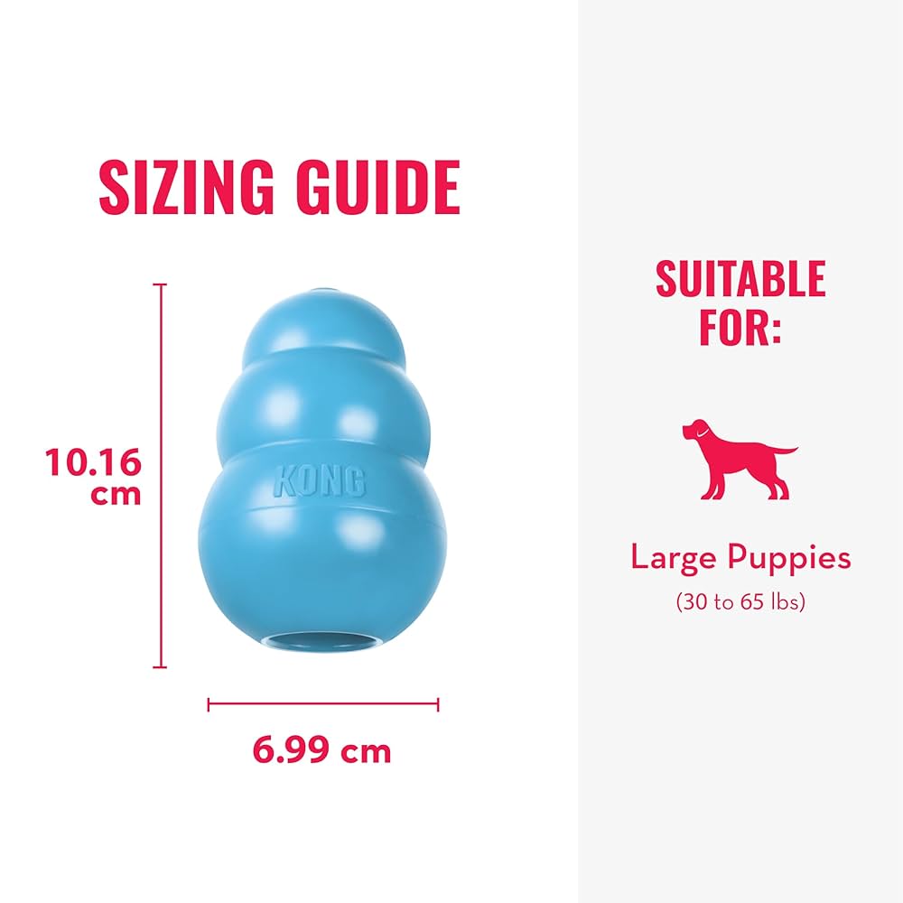 Blue KONG dog toy with sizing guide and suitability for large puppies on a white background