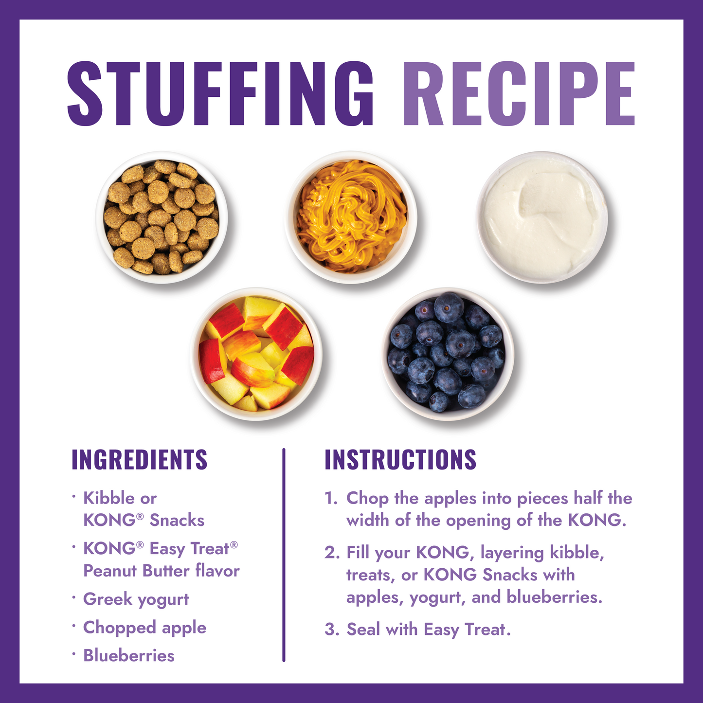 Recipe card for stuffing with ingredients and instructions on a purple background