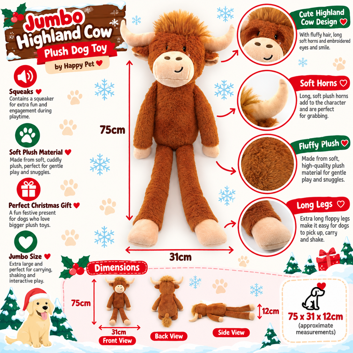 Jumbo Herby Highland Cow 🐂 Plush Christmas Dog Toy by Happy Pet