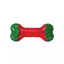 Red and green dog toy on a white background