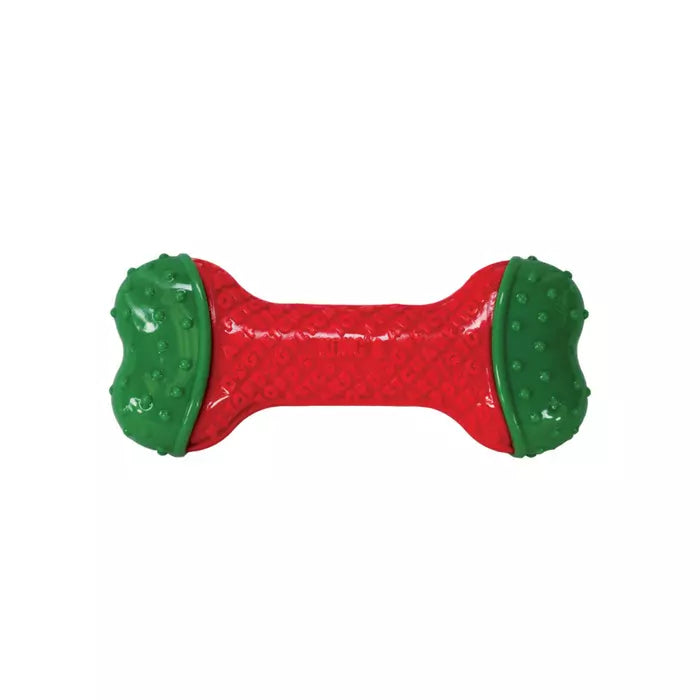 Red and green dog toy on a white background