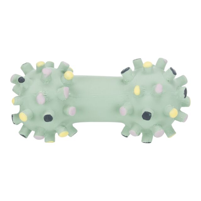 Green textured toy with colorful spots on a white background