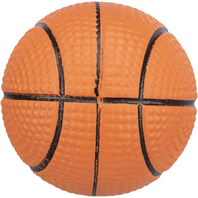 Orange basketball dog toy with black lines on a white background