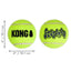 Two KONG SqueakAir tennis balls with dimensions on a white background