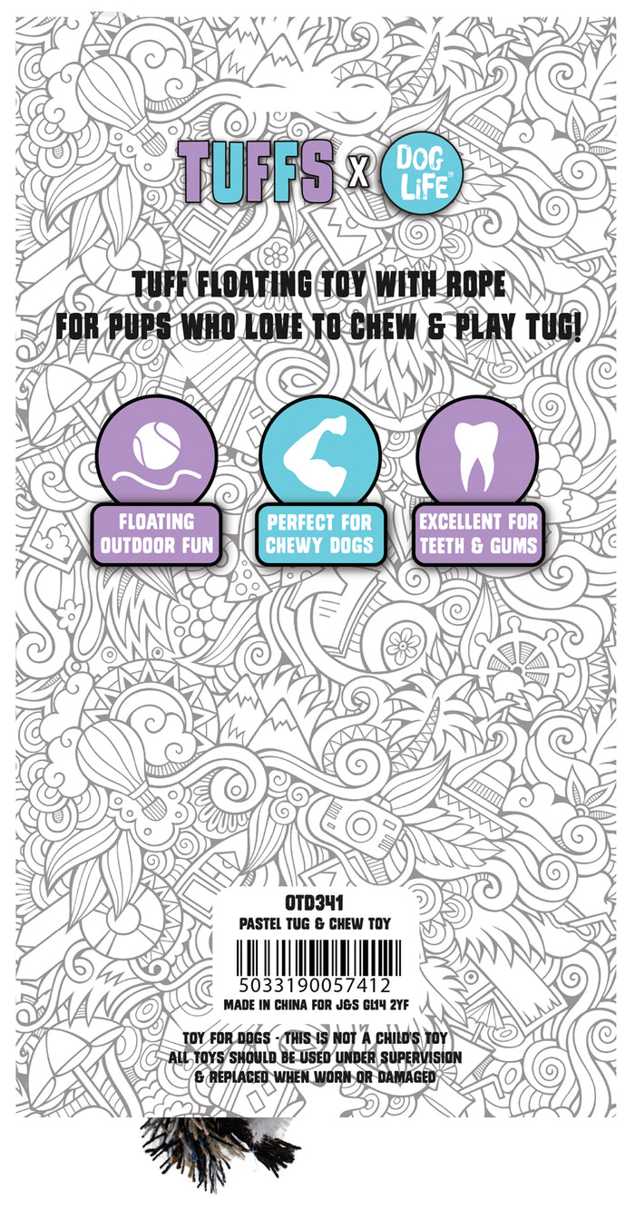 Backpack with colorful graphics and text, featuring the brand 'Tufts' and product details.