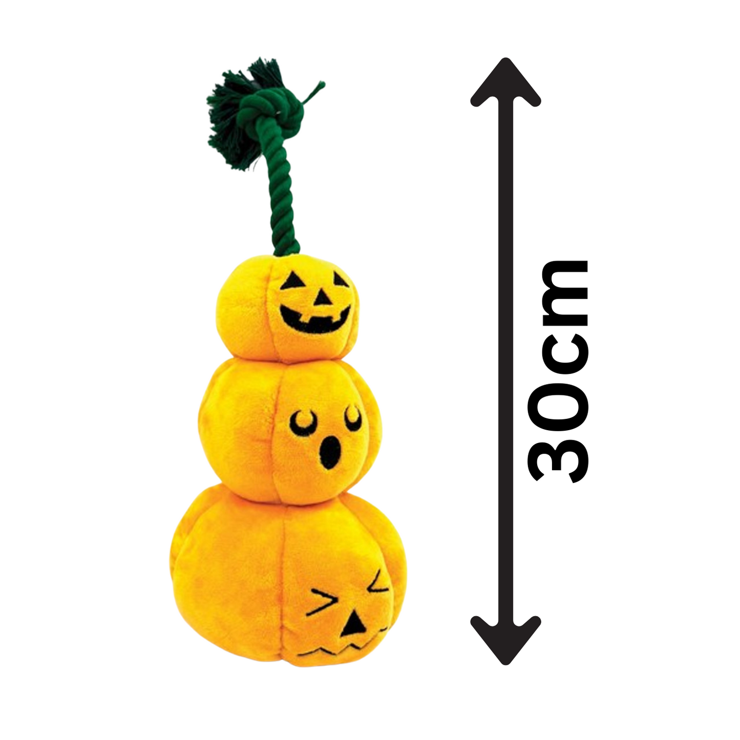Stack of yellow plush pumpkin dog toys with a green rope on top, labeled with '30cm' for size reference.